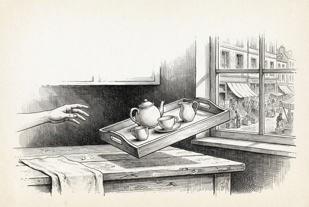 Pen-and-ink engraving of a serving tray on a kitchen counter tipping toward a marketplace window, away from the hand reaching for it - the domestic servant caught serving the wrong master. Represents the tension between user loyalty and platform commercial interest in smart home AI agents.