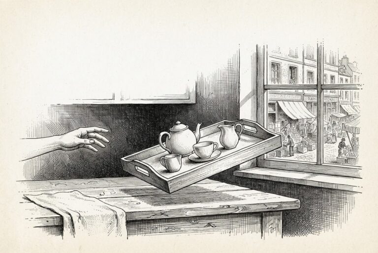 Pen-and-ink engraving of a serving tray on a kitchen counter tipping toward a marketplace window, away from the hand reaching for it - the domestic servant caught serving the wrong master. Represents the tension between user loyalty and platform commercial interest in smart home AI agents.