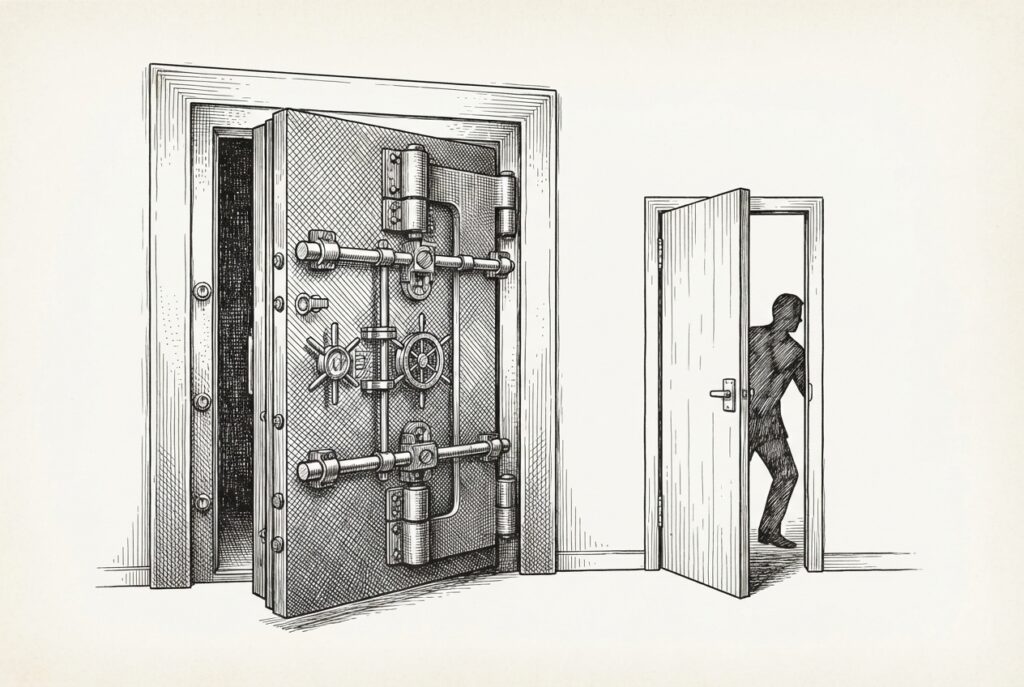 A hand-drawn engraving of a grand vault door with heavy bolts and locking mechanisms, slightly ajar. Beside it, a plain narrow service entrance stands wide open. A dark silhouette passes through the simple door, not the vault - the overlooked opening, not the elaborate security.