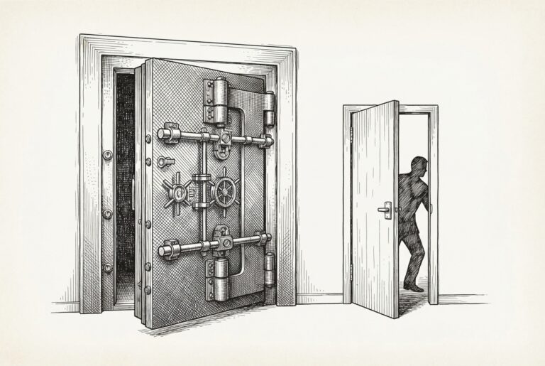 A hand-drawn engraving of a grand vault door with heavy bolts and locking mechanisms, slightly ajar. Beside it, a plain narrow service entrance stands wide open. A dark silhouette passes through the simple door, not the vault - the overlooked opening, not the elaborate security.
