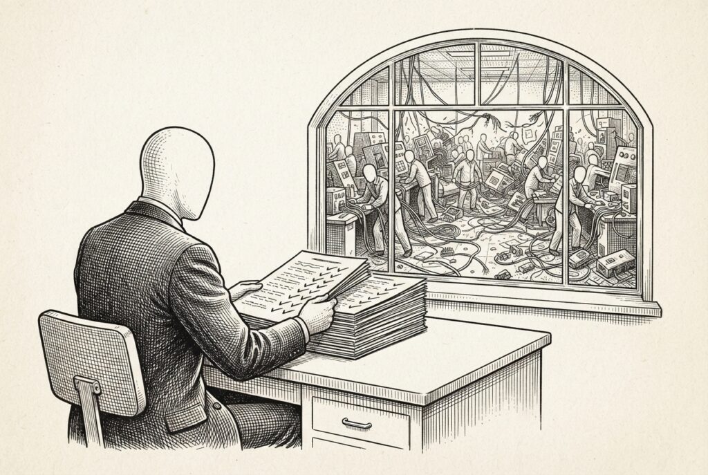 A faceless manager in formal dress at a clean desk reviewing neat evaluation reports, while through an arched window behind, identical faceless figures are tangled in broken wires and toppled equipment on a chaotic production floor. The manager faces away from the chaos, focused only on the clean reports.