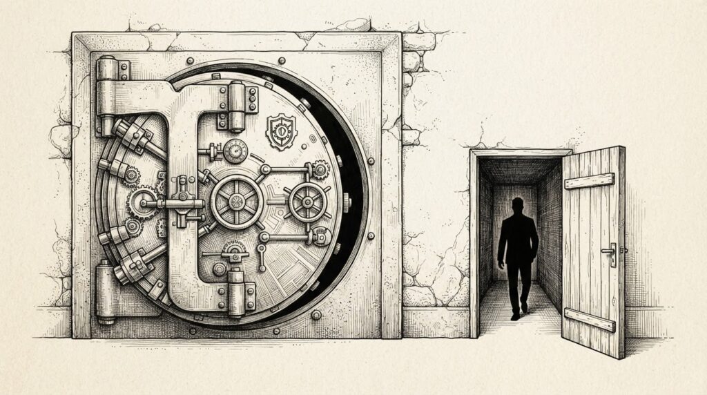 A hand-drawn engraving of a grand vault door with heavy bolts and locking mechanisms, slightly ajar. Beside it, a plain narrow service entrance stands wide open. A dark silhouette passes through the simple door, not the vault - the overlooked opening, not the elaborate security.