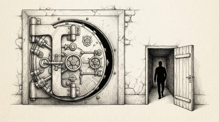 A hand-drawn engraving of a grand vault door with heavy bolts and locking mechanisms, slightly ajar. Beside it, a plain narrow service entrance stands wide open. A dark silhouette passes through the simple door, not the vault - the overlooked opening, not the elaborate security.