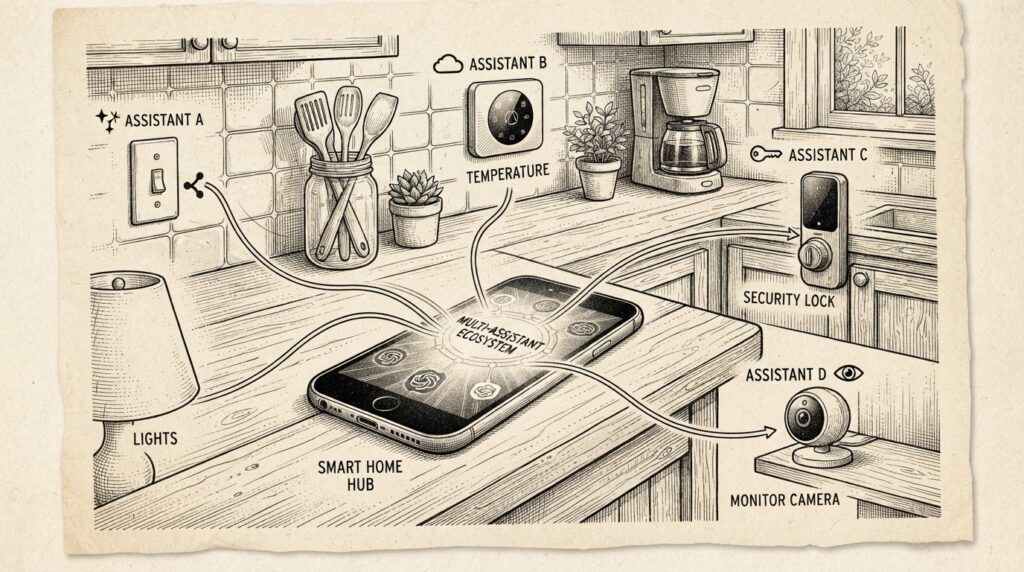 A smartphone on a kitchen counter with multiple AI assistant icons emerging from the screen, each reaching toward different smart home devices - representing the shift from single-assistant monopoly to multi-assistant competition.