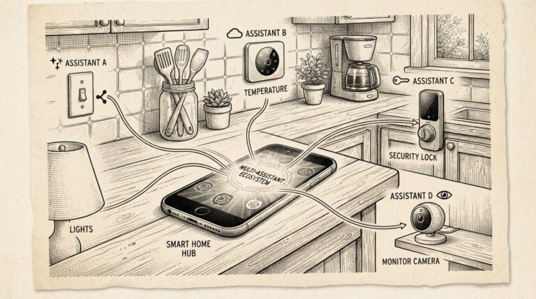 A smartphone on a kitchen counter with multiple AI assistant icons emerging from the screen, each reaching toward different smart home devices - representing the shift from single-assistant monopoly to multi-assistant competition.