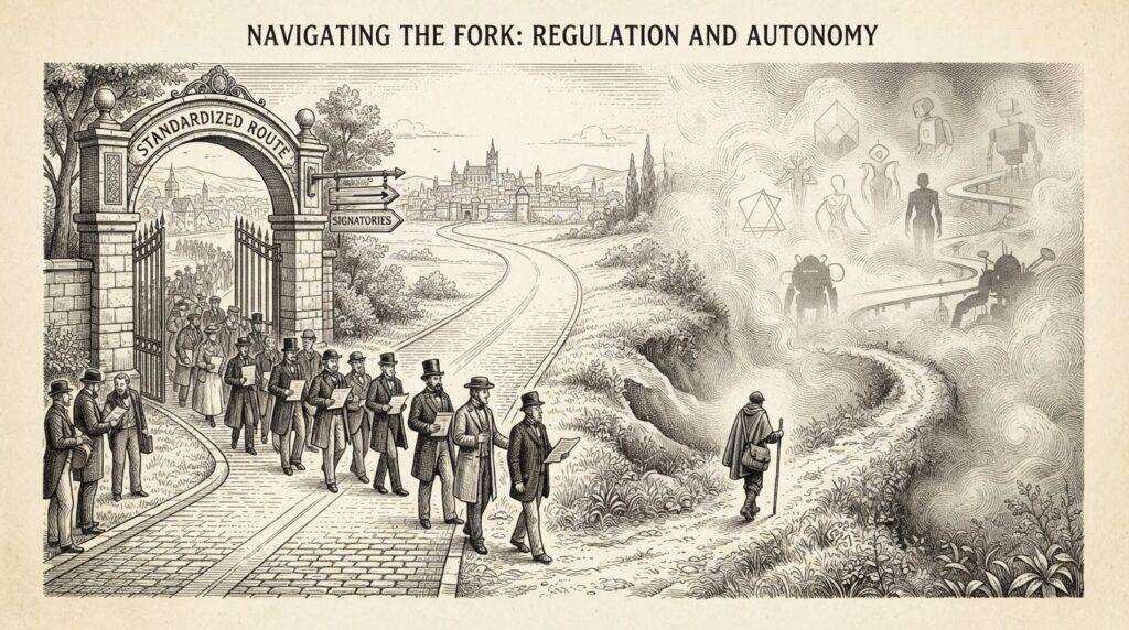A forking path in pen-and-ink engraving style. One branch is a wide, clearly marked road with signposts and a gate — signatories walking a standardized route. The other branch is a narrow, unmarked trail disappearing into fog — non-signatories navigating alone. In the fog, faint outlines of autonomous agents are visible but indistinct.