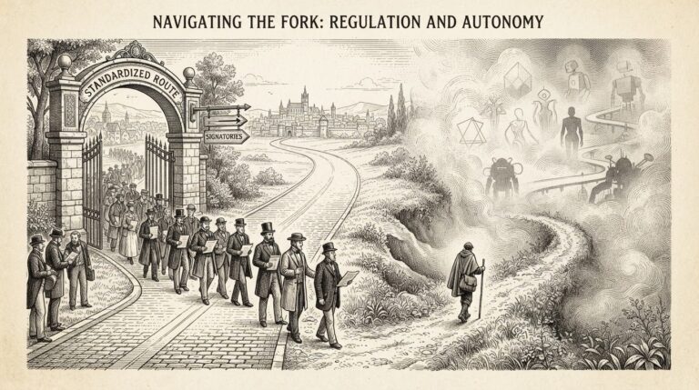 A forking path in pen-and-ink engraving style. One branch is a wide, clearly marked road with signposts and a gate — signatories walking a standardized route. The other branch is a narrow, unmarked trail disappearing into fog — non-signatories navigating alone. In the fog, faint outlines of autonomous agents are visible but indistinct.