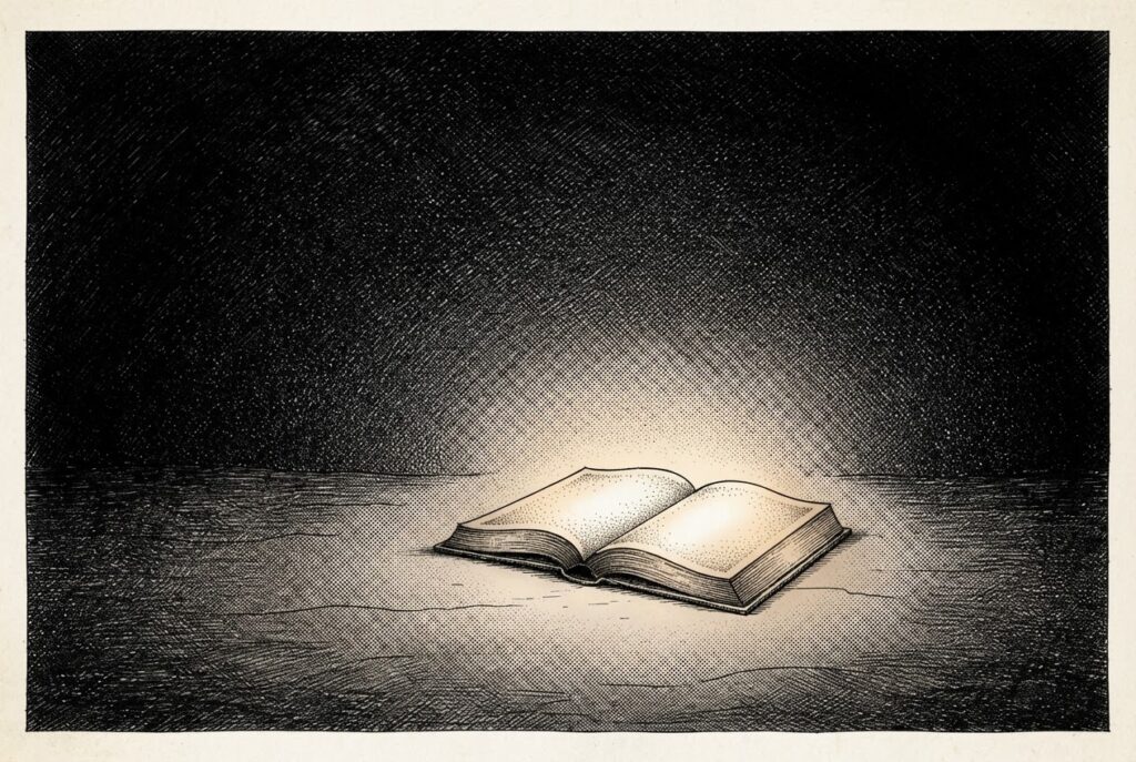 A single open antique book lies on a surface in an immense dark void, its pages glowing as the only source of light - depicting DeepSeek's silent launch through documentation rather than announcement.
