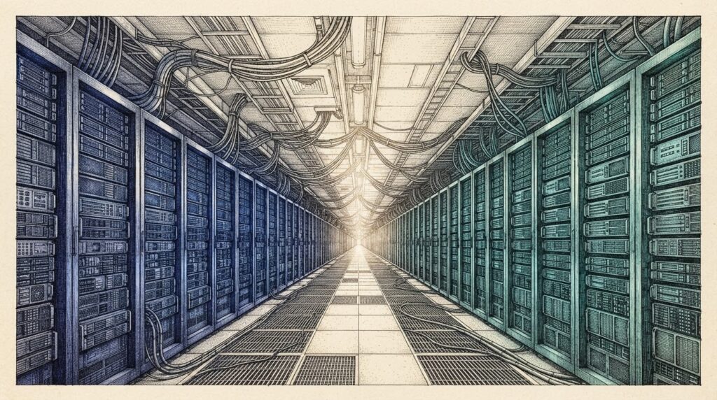 A pen-and-ink engraving of a vast data center corridor with server racks on both sides, the left glowing blue and the right glowing teal, merging into shared white-gold light at the center where infrastructure overlaps.