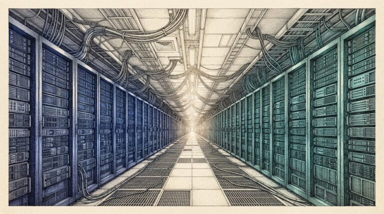 A pen-and-ink engraving of a vast data center corridor with server racks on both sides, the left glowing blue and the right glowing teal, merging into shared white-gold light at the center where infrastructure overlaps.