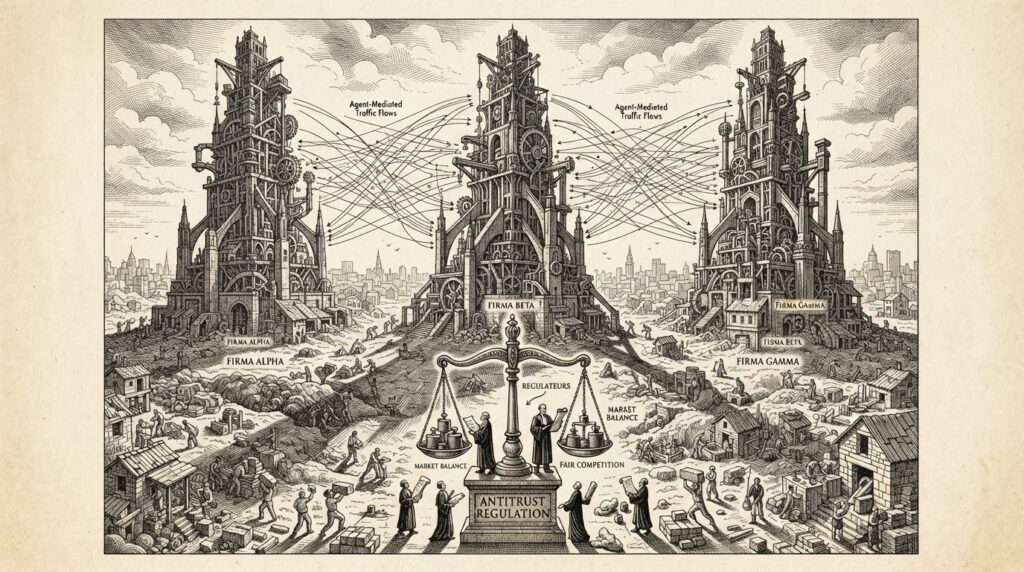 Editorial illustration of three dominant structures casting shadows over smaller competitors in an AI agent market landscape, with a regulatory balance scale at the base