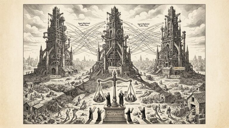 Editorial illustration of three dominant structures casting shadows over smaller competitors in an AI agent market landscape, with a regulatory balance scale at the base