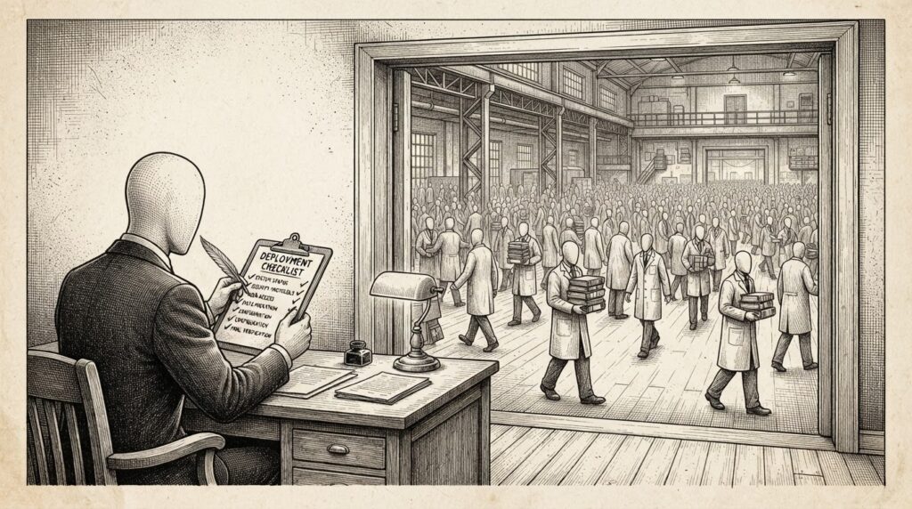 A faceless manager at a clean desk reviewing a completed deployment checklist while through an open doorway behind, identical faceless figures move freely without barriers or supervision - the absence of governance structure