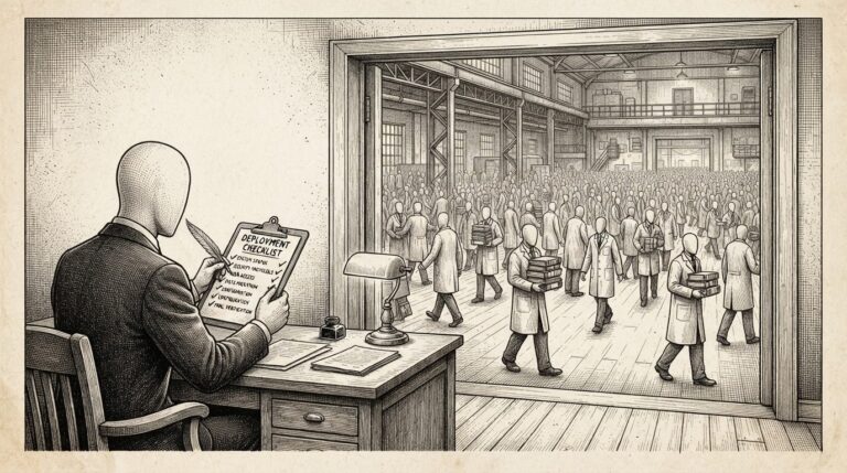 A faceless manager at a clean desk reviewing a completed deployment checklist while through an open doorway behind, identical faceless figures move freely without barriers or supervision - the absence of governance structure