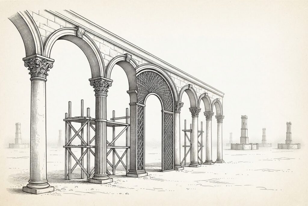 Monochrome pen-and-ink engraving of classical colonnade with arches extending toward open horizon
