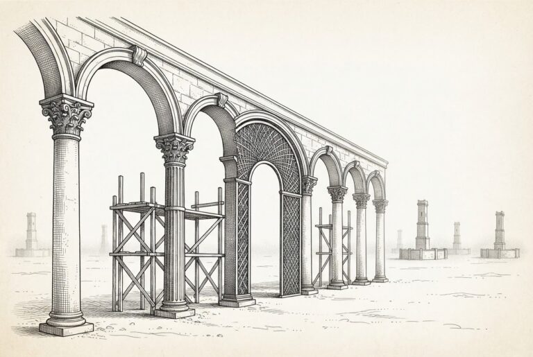 Monochrome pen-and-ink engraving of classical colonnade with arches extending toward open horizon