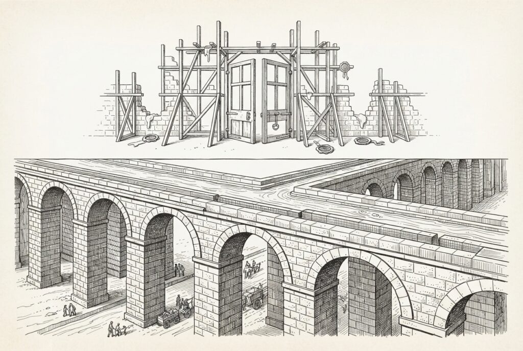 Editorial engraving showing a solid, functioning aqueduct of payment infrastructure below, with an unfinished scaffolding of trust governance above it - open gates and incomplete walls where identity verification and fraud controls should be but are not yet installed.