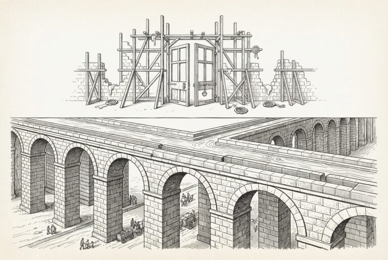Editorial engraving showing a solid, functioning aqueduct of payment infrastructure below, with an unfinished scaffolding of trust governance above it - open gates and incomplete walls where identity verification and fraud controls should be but are not yet installed.