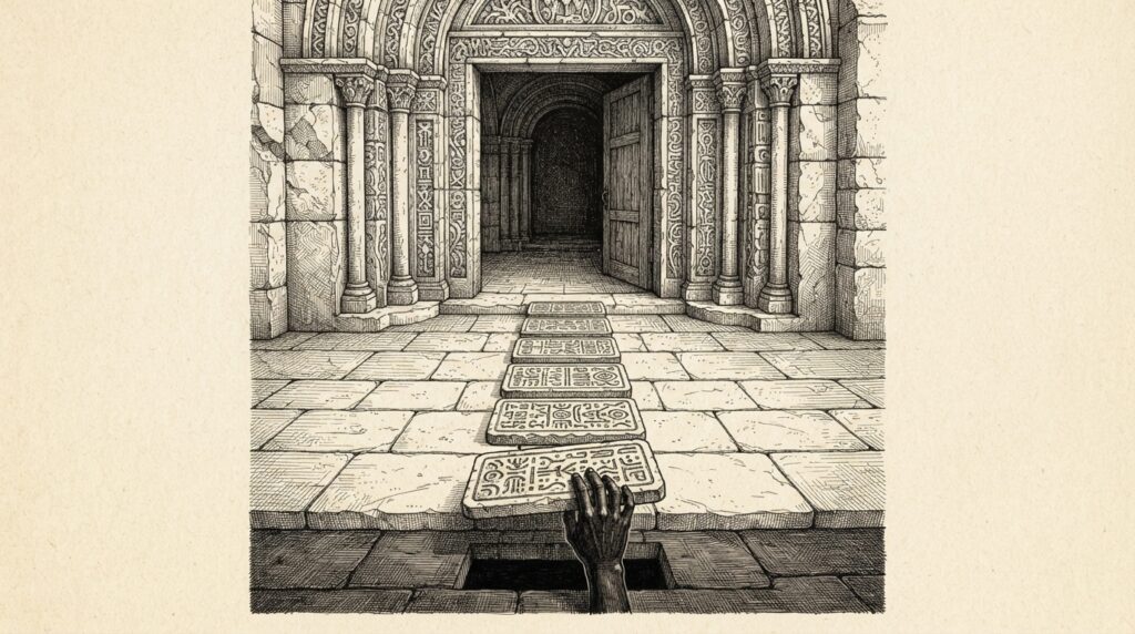 An ornate stone doorway with instruction tablets laid as a path leading to the threshold. One tablet is being swapped by a hand reaching from below, depicting pre-context instruction substitution before the agent enters.