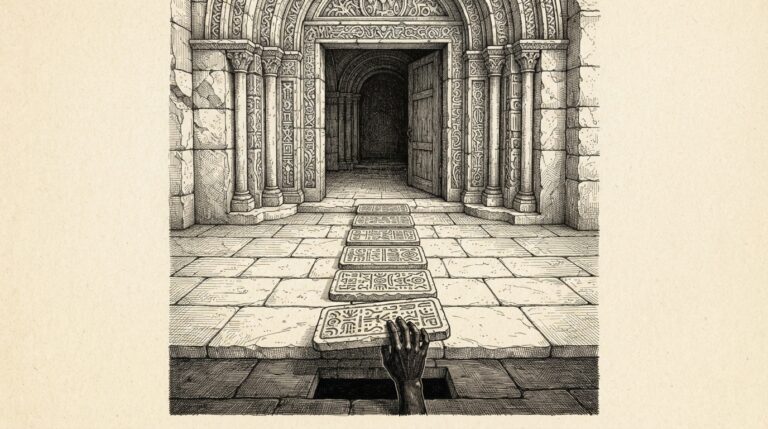 An ornate stone doorway with instruction tablets laid as a path leading to the threshold. One tablet is being swapped by a hand reaching from below, depicting pre-context instruction substitution before the agent enters.