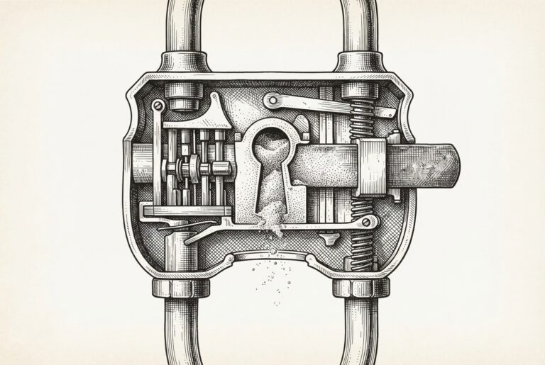 A monochrome engraving of an ornate antique lock mechanism shown in cross-section, its keyhole channel filled with fine sand and compacted grit - the mechanism exists and is intact but has been rendered inoperable by the absence of the key designed to activate it. Sand grains spill from the keyhole opening, frozen tumblers visible inside.