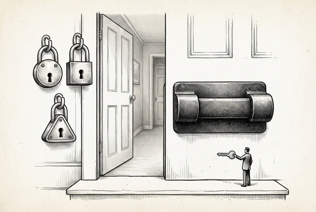 A front door with three small functioning padlocks (round, square, triangle) on the left and one large sealed iron bolt with no keyhole on the right - the focal point. A small figure holds a key that cannot enter the sealed bolt.
