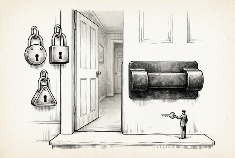 A front door with three small functioning padlocks (round, square, triangle) on the left and one large sealed iron bolt with no keyhole on the right - the focal point. A small figure holds a key that cannot enter the sealed bolt.
