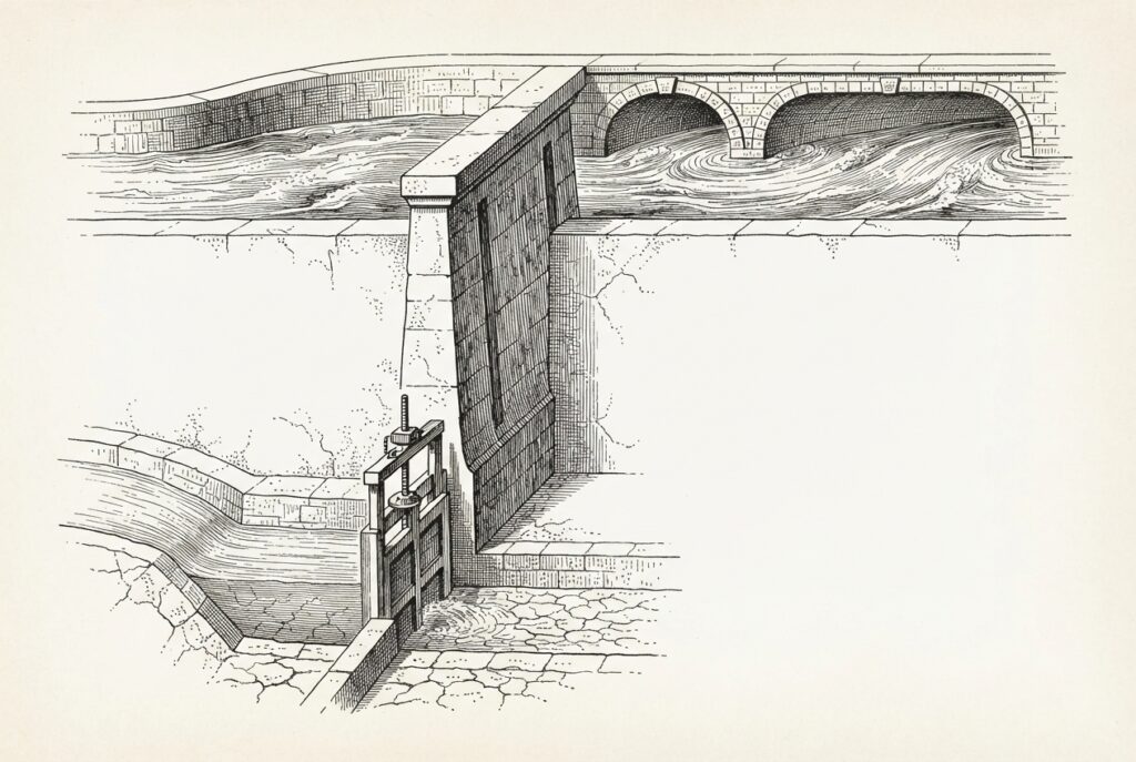 Split-level water system in pen-and-ink engraving style. Upper canal flows freely through arched stone channel. A massive dam wall divides the composition. Lower tier has a nearly-empty reservoir with cracked dry stone and a metered gate controlling further flow.