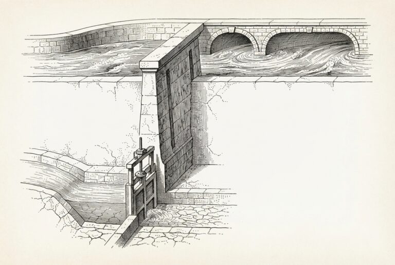 Split-level water system in pen-and-ink engraving style. Upper canal flows freely through arched stone channel. A massive dam wall divides the composition. Lower tier has a nearly-empty reservoir with cracked dry stone and a metered gate controlling further flow.