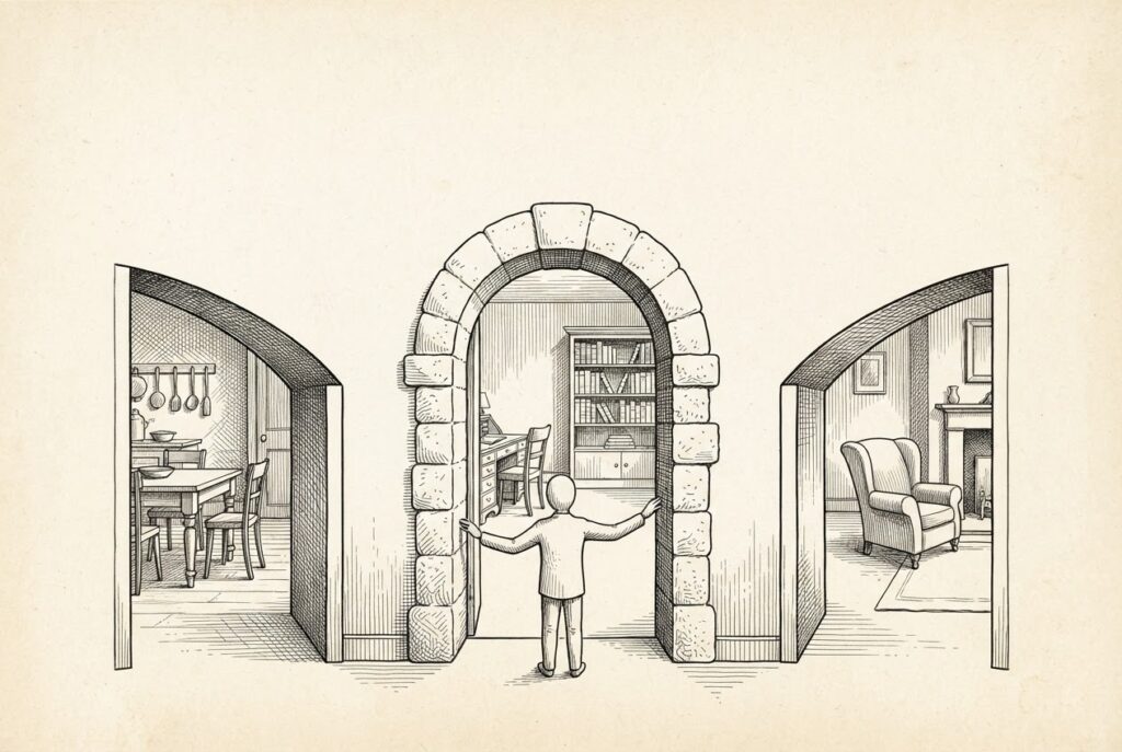 Hand-drawn ink engraving of an open stone archway viewed from inside a domestic interior, with three distinct rooms branching beyond it - a kitchen, a study, and a sitting room - and a small faceless figure standing at the threshold with arms extended to each side, positioned as the sole gatekeeper routing which space connects to the home behind.