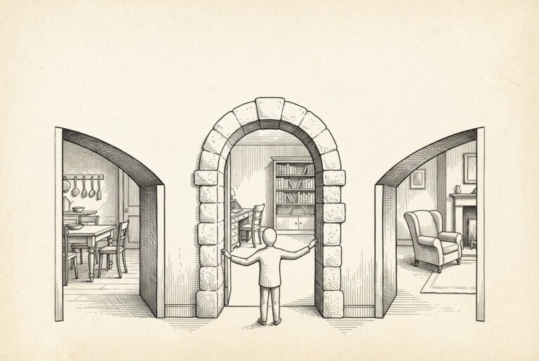 Hand-drawn ink engraving of an open stone archway viewed from inside a domestic interior, with three distinct rooms branching beyond it - a kitchen, a study, and a sitting room - and a small faceless figure standing at the threshold with arms extended to each side, positioned as the sole gatekeeper routing which space connects to the home behind.