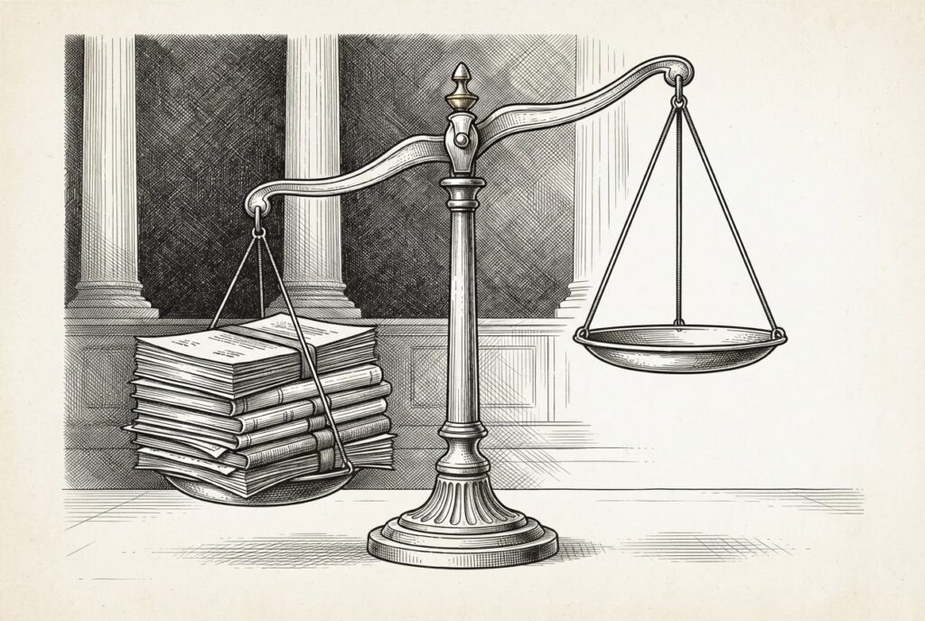 A monochrome pen-and-ink engraving of an ornate balance scale in a classical legislative chamber. The left pan holds a thick stack of bound documents, pulling it down. The right pan rises conspicuously empty - the absence of the seven votes needed to reach the cloture threshold. Classical columns recede into deep shadow in the background.