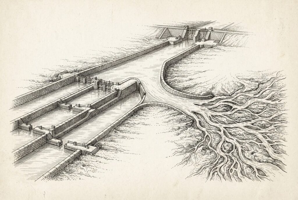 Ink illustration of an engineered canal splitting into a coordinated canal system on the left and a chaotic delta of competing streams on the right, depicting the structural divergence of agent infrastructure.