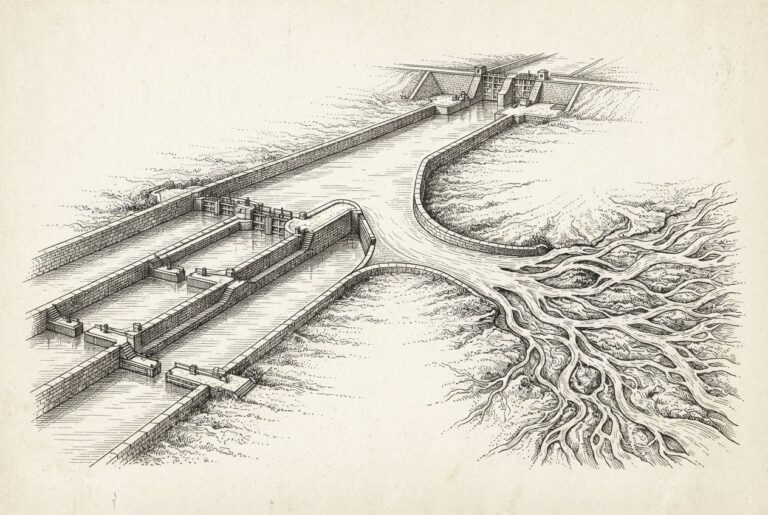 Ink illustration of an engineered canal splitting into a coordinated canal system on the left and a chaotic delta of competing streams on the right, depicting the structural divergence of agent infrastructure.