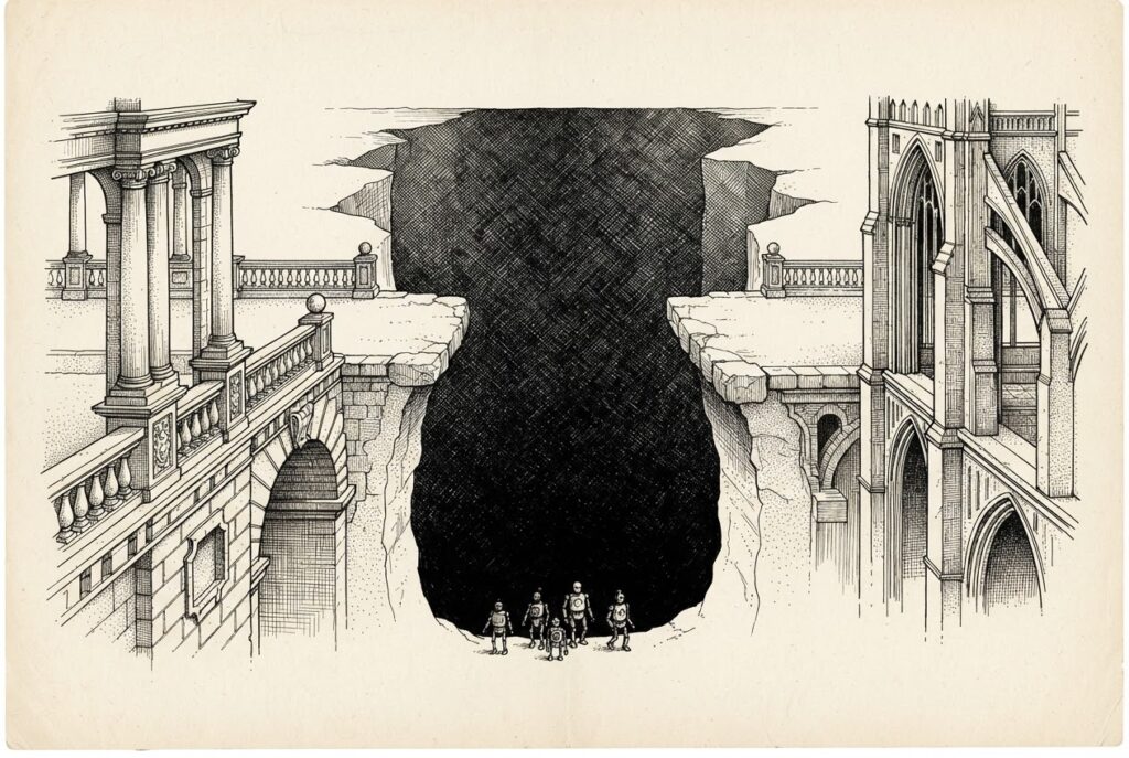 Editorial illustration of two ornate institutional bridges - one neoclassical, one Gothic - terminating at the edge of a dark chasm without connecting, while small clockwork automata traverse the unaddressed void below