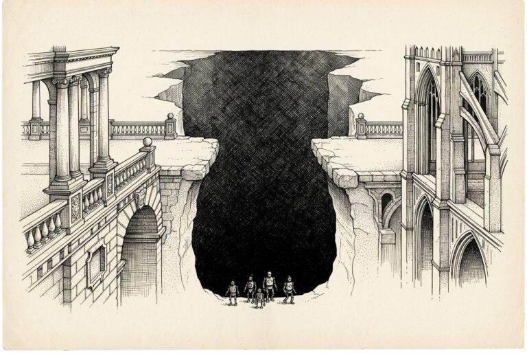 Editorial illustration of two ornate institutional bridges - one neoclassical, one Gothic - terminating at the edge of a dark chasm without connecting, while small clockwork automata traverse the unaddressed void below