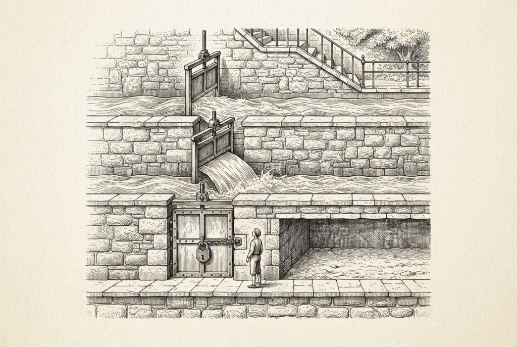 Pen-and-ink engraving of tiered sluice gate system with top tiers flowing at half-volume and bottom tier sealed shut with padlock