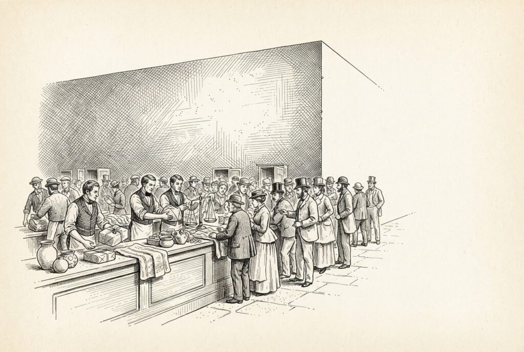 A black-and-white engraving of scales of justice with AI circuit board patterns woven through the plates, suspended above a network of payment rails converging into a void