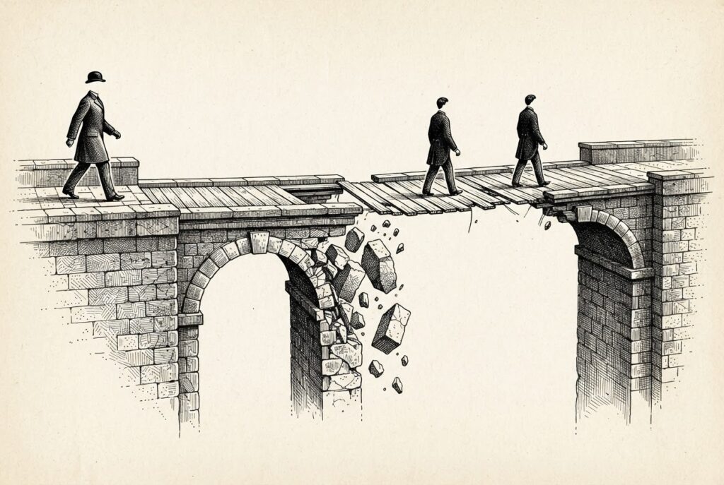 Stone bridge with crumbling structural supports and missing arches, surface planking intact. Faceless figures walk across unaware of the void beneath. Ink engraving on warm paper.