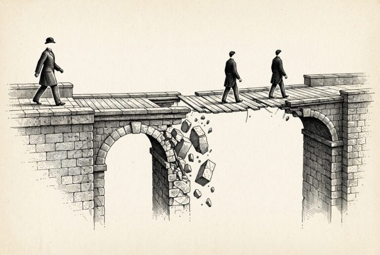 Stone bridge with crumbling structural supports and missing arches, surface planking intact. Faceless figures walk across unaware of the void beneath. Ink engraving on warm paper.