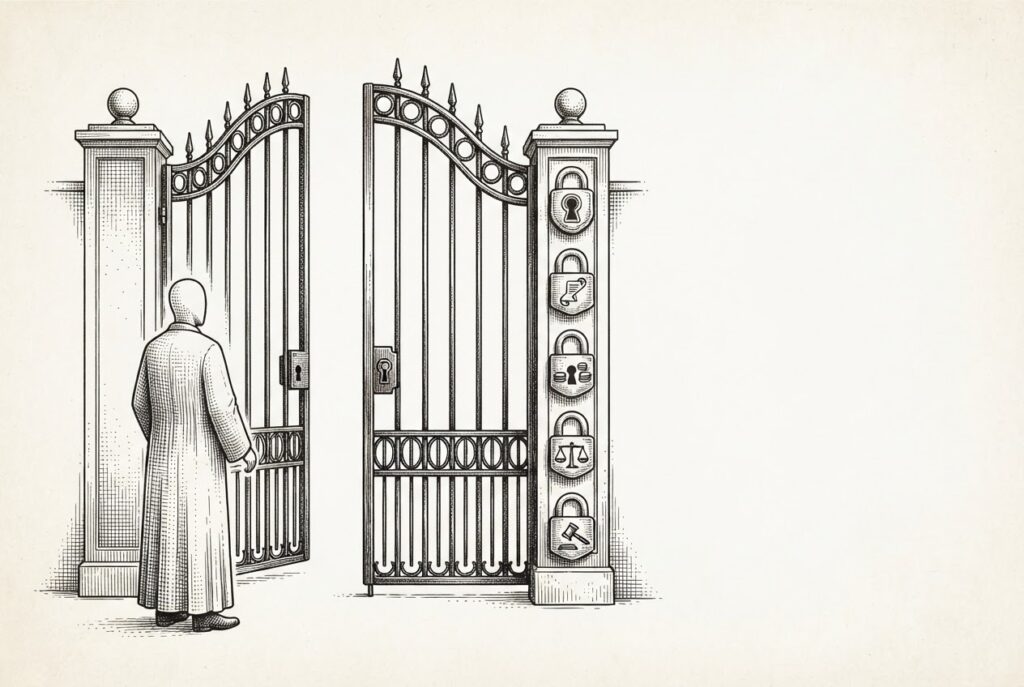 Grand iron gate with five distinct locks mounted on the frame, representing the five layers of agentic commerce infrastructure (identity, mandate, payment, merchant, dispute). A faceless figure hesitates at the threshold of the open gate.
