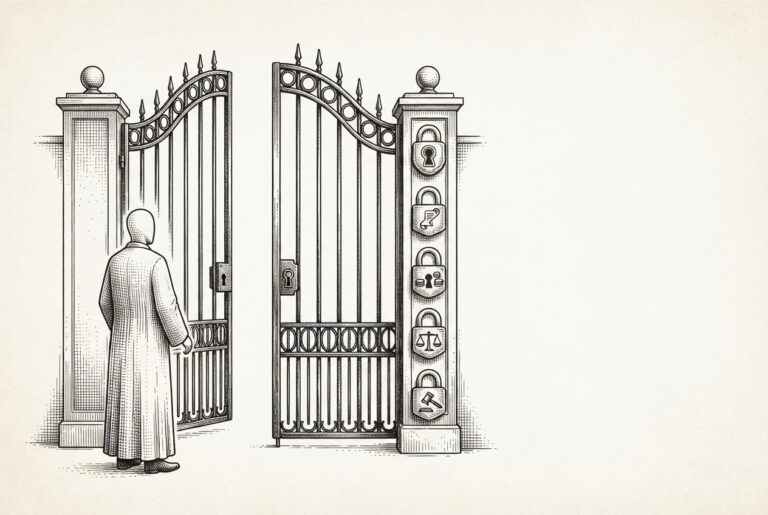 Grand iron gate with five distinct locks mounted on the frame, representing the five layers of agentic commerce infrastructure (identity, mandate, payment, merchant, dispute). A faceless figure hesitates at the threshold of the open gate.