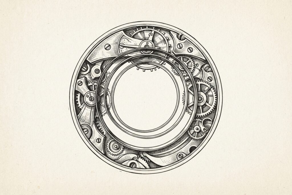 Pen-and-ink engraving of an ornate mechanical clockwork with exposed gears surrounding a depleted mainspring - only a few loose, wide coils remaining - representing an open-weight AI model whose architecture is freely accessible but whose compute power is nearly exhausted.