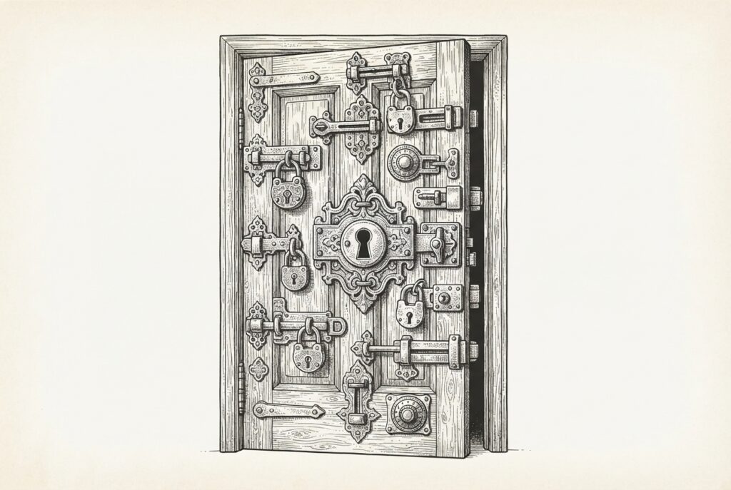 Hand-drawn engraving of an ornate door covered with multiple lock mechanisms - padlocks, deadbolts, latches - most open or half-open, but the central largest lock has an empty keyhole with no key. Represents the trust infrastructure gap blocking agentic commerce adoption.