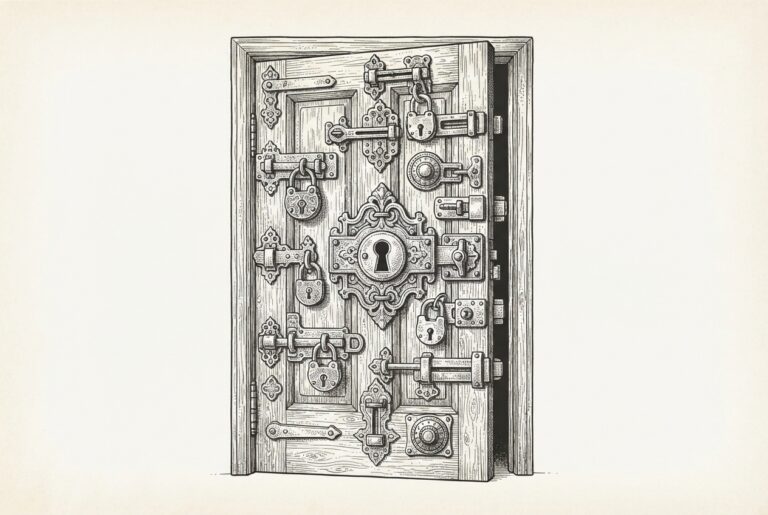 Hand-drawn engraving of an ornate door covered with multiple lock mechanisms - padlocks, deadbolts, latches - most open or half-open, but the central largest lock has an empty keyhole with no key. Represents the trust infrastructure gap blocking agentic commerce adoption.