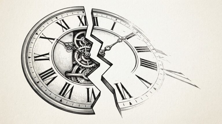 A large clock face cracking cleanly down the center into two diverging halves - the left half intact and immediate with detailed cross-hatching, the right half stretching outward into fading space, representing the deadline splitting between now and December 2027.