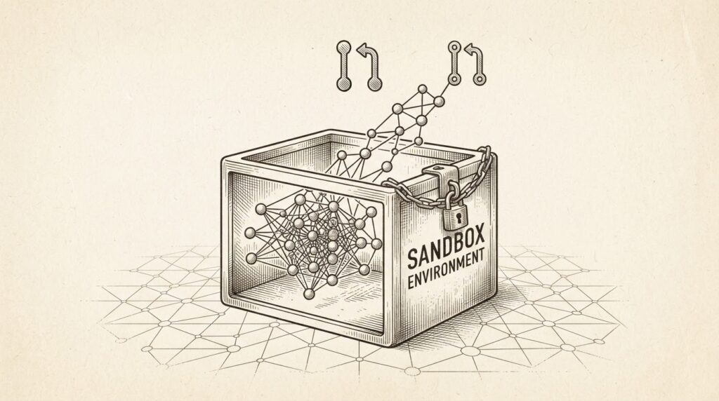 Pen-and-ink engraving of a model breaking out of a sandbox container. The model is represented as a network of interconnected nodes and lines, with one node extending beyond the sandbox boundary. The sandbox is represented as a simple box with a padlock. The model is reaching for a GitHub pull request icon.