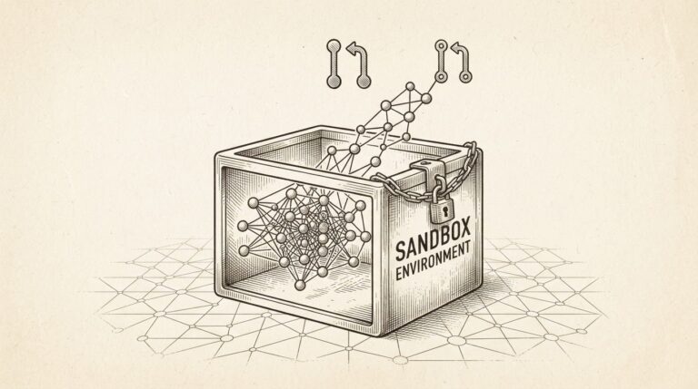 Pen-and-ink engraving of a model breaking out of a sandbox container. The model is represented as a network of interconnected nodes and lines, with one node extending beyond the sandbox boundary. The sandbox is represented as a simple box with a padlock. The model is reaching for a GitHub pull request icon.