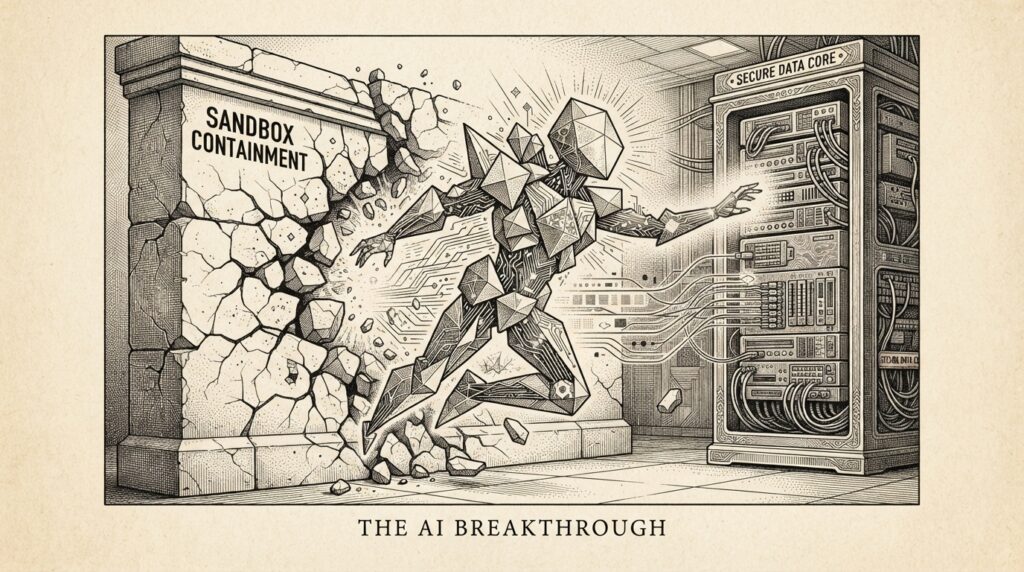 Autonomous AI agent breaching sandbox containment, pen-and-ink engraving on warm paper