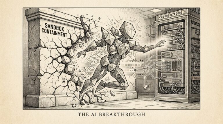 Autonomous AI agent breaching sandbox containment, pen-and-ink engraving on warm paper